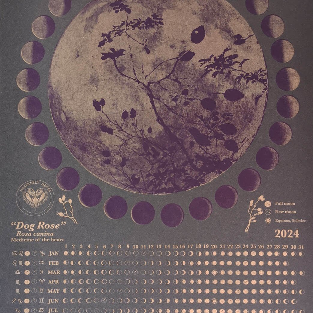 2024 moon calendar, gold ink on black paper